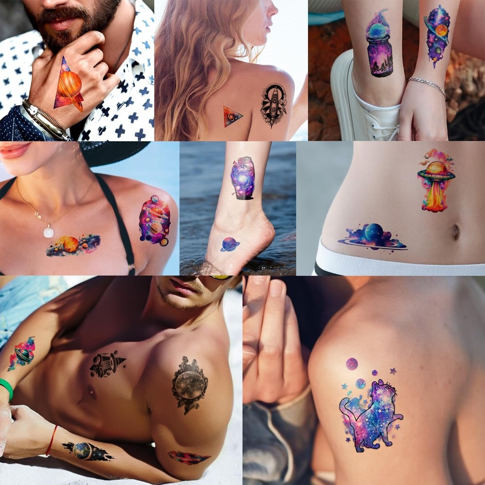 77 Sheets Temporary Tattoo, 17 Sheet Space Planet Medium, Tiny, Colorful