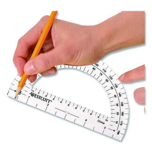 Westcott 180 Degree Protractor, Plastic, 6" Ruler Edge/180 Degree, Clear, 2/Pack