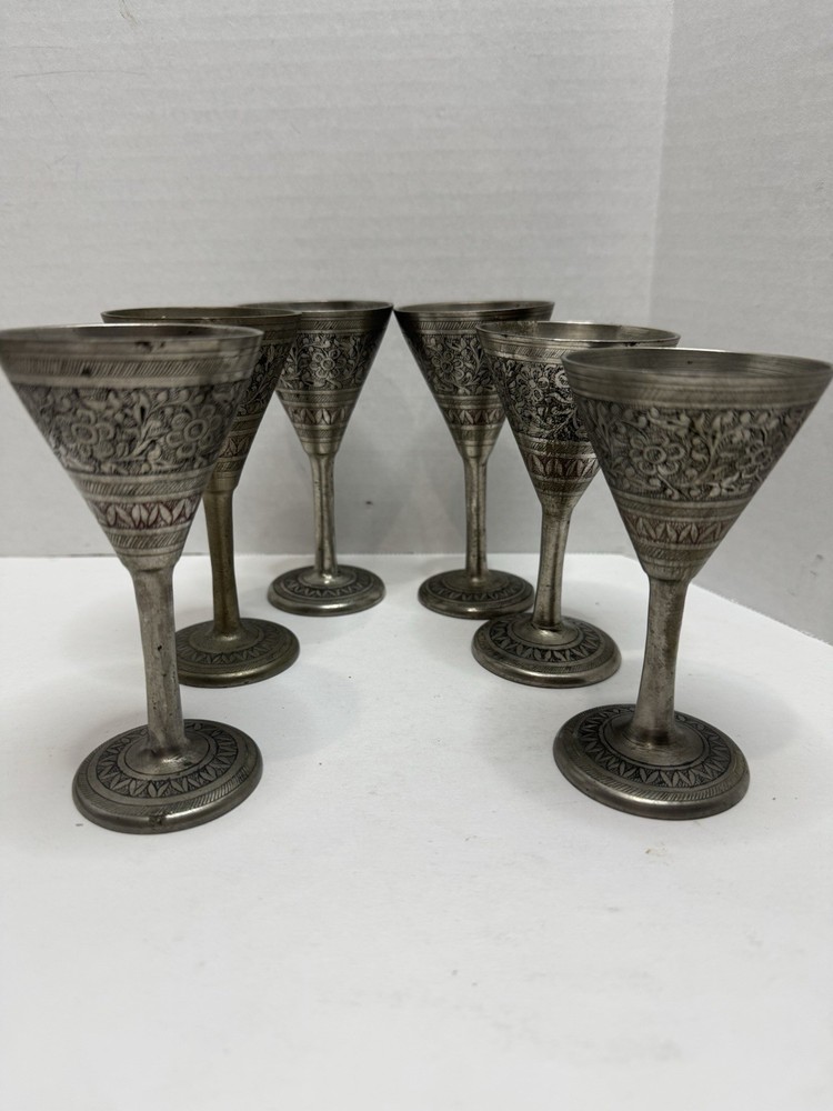 6 Vintage Small Solid Etched Brass Silver Wine Goblets/Whiskey Cups