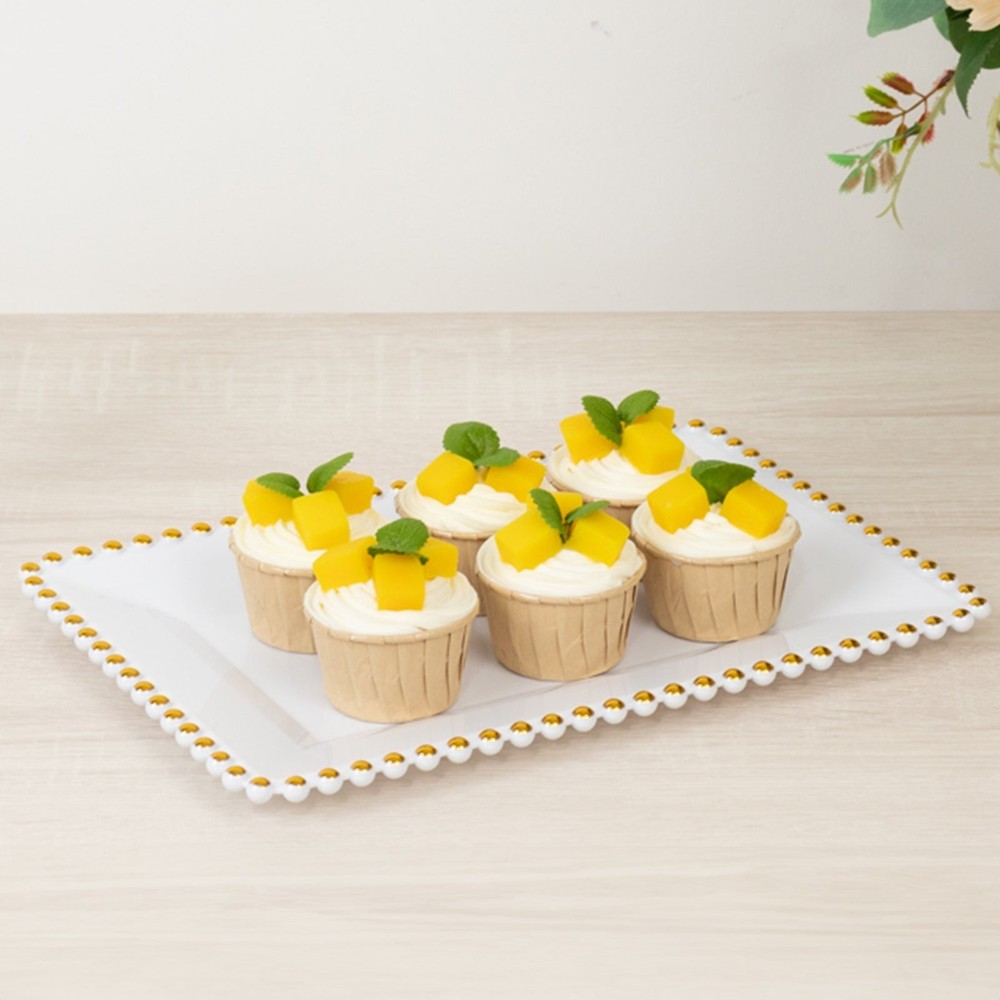 6 White with Gold Rectangular Acrylic Serving Trays with Gold Beaded Rim
