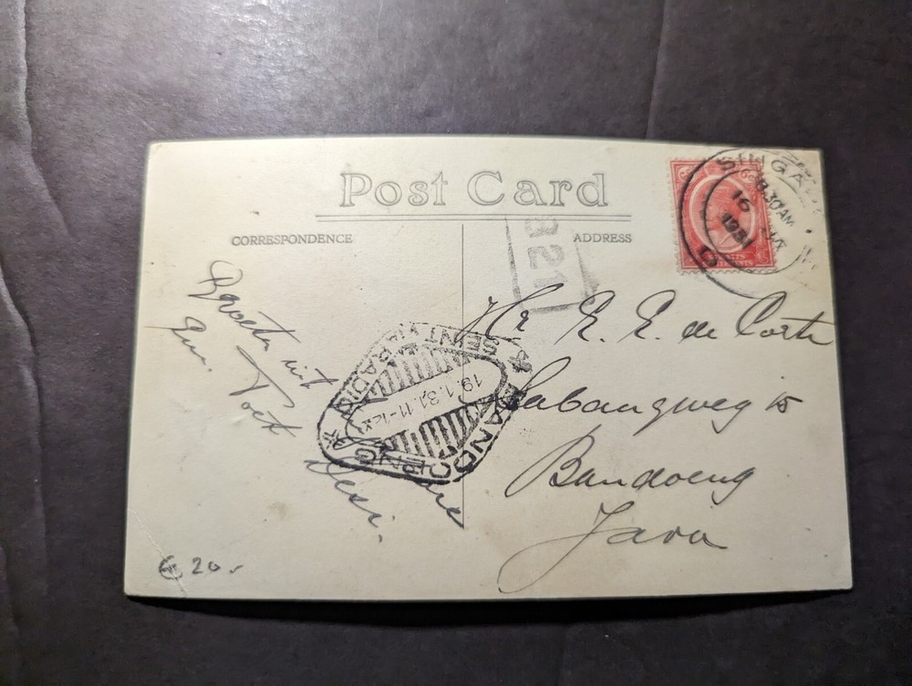 1931 British Straits Settlements RPPC Postcard Cover Singapore to Badoeng Java