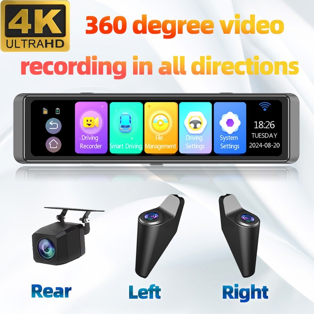 12 "Touch Screen 4 Channels 4K Dash Cam 360° Panoramic Dashboard Rearview Mirror