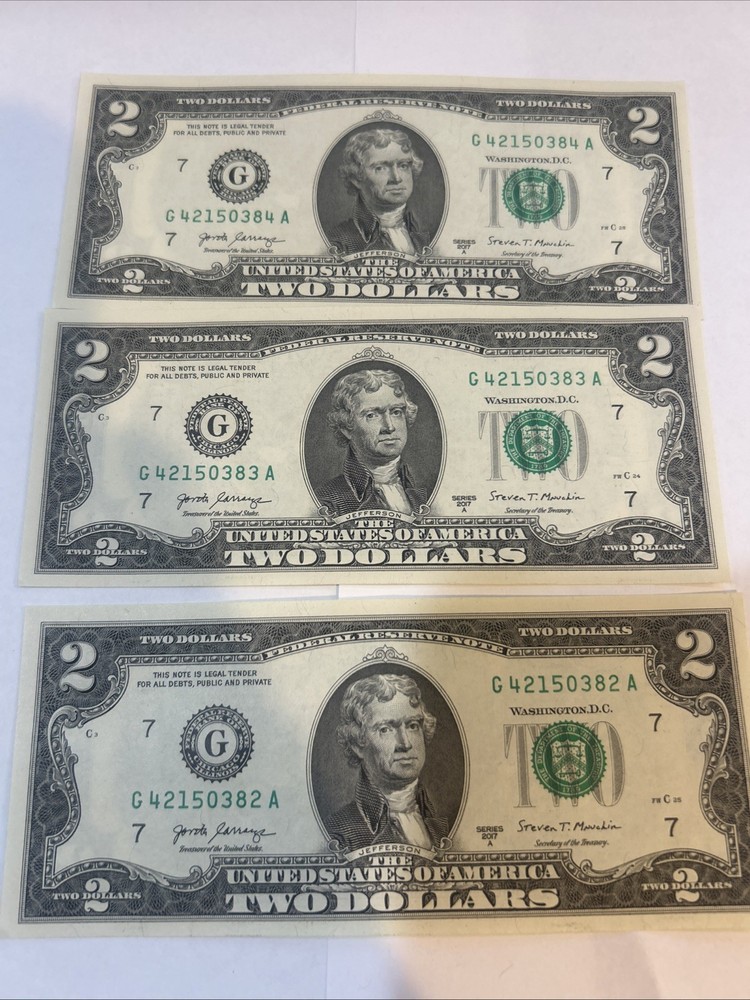 3 NEW Uncirculated $2 (Five) Dollar Bill Note USD BEP --2017