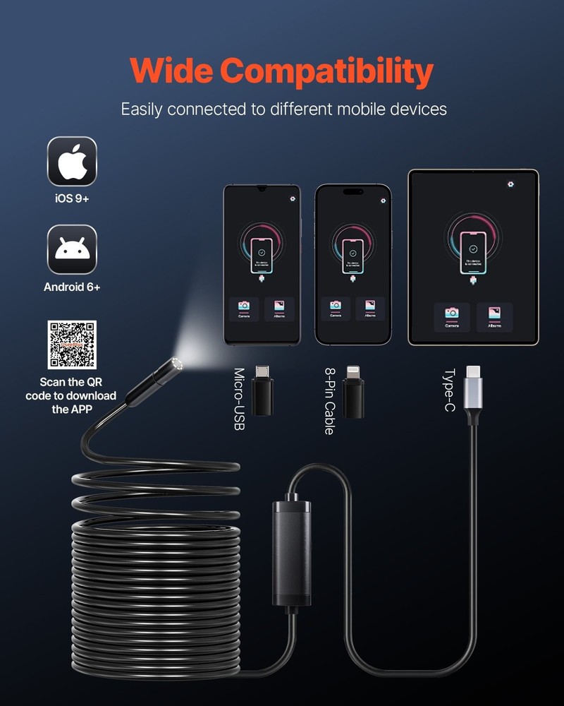 VEVOR Endoscope Camera w/49.2FT Semi-Rigid Cable,1920P HD Borescope for Android