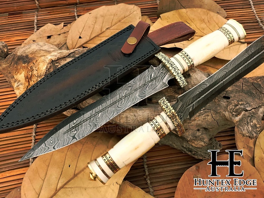 HUNTEX Handmade Damascus Blade, Camel Bone Handle, 380mm Long Exotic Boot Dagger