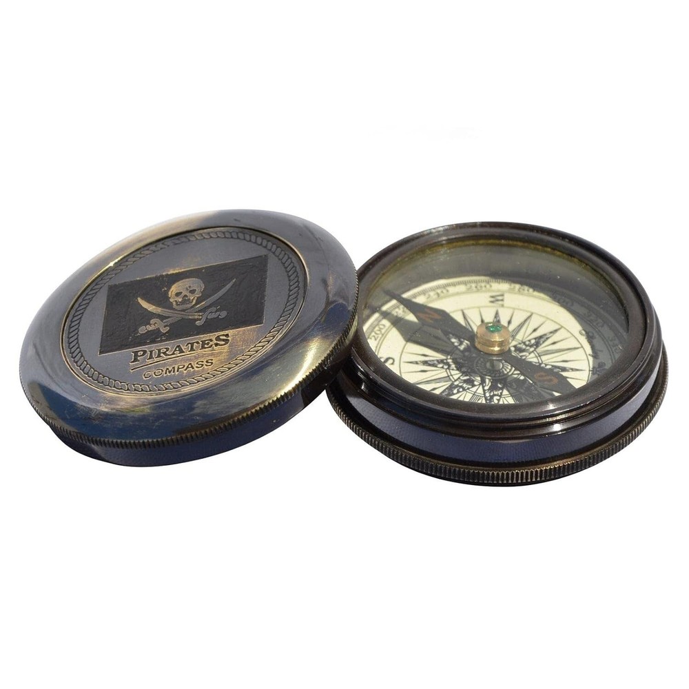 Pirate Engraved Compass with Leather Case for Hiking, Nautical Compass