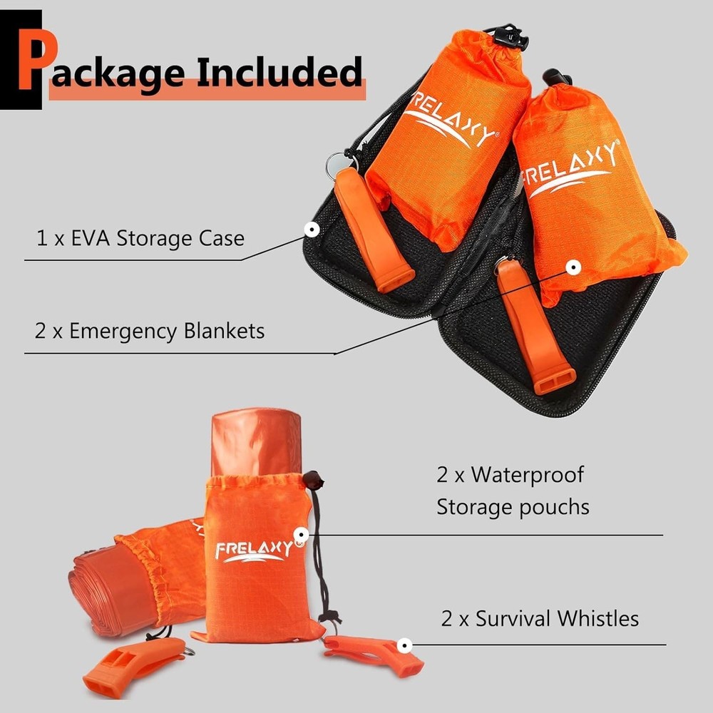 Emergency Blanket 2-Pack, Extra-Thick Extra-Large Space Blankets with Whistle...