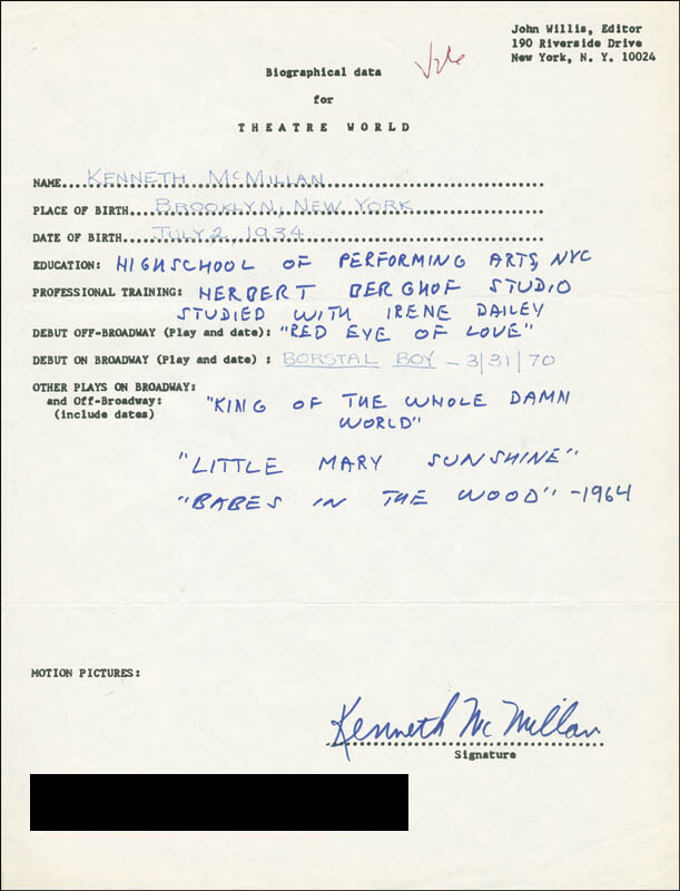 KENNETH McMILLAN - AUTOGRAPH RESUME SIGNED