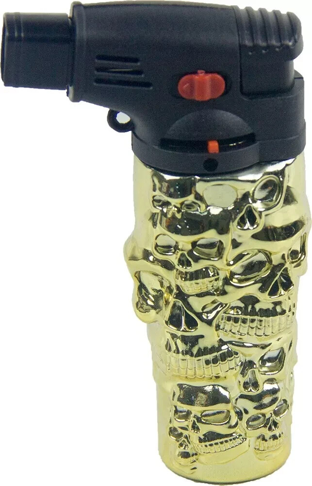 5 Pack 4.3" Jet Torch Gun Lighter Refillable Lockable Adjustable Engraved Skull