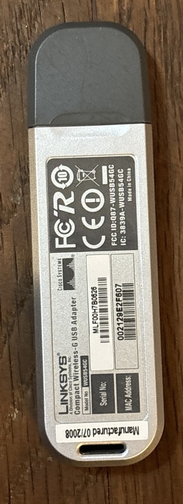 LINKSYS/CISCO SYSTEMS WUSB54GC COMPACT WIRELESS-G USB ADAPTER