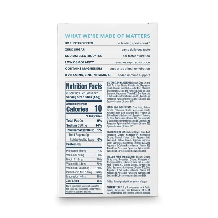 DripDrop Zero Sugar Fast Hydration Electrolyte Powder Drink Mix, 8 Count