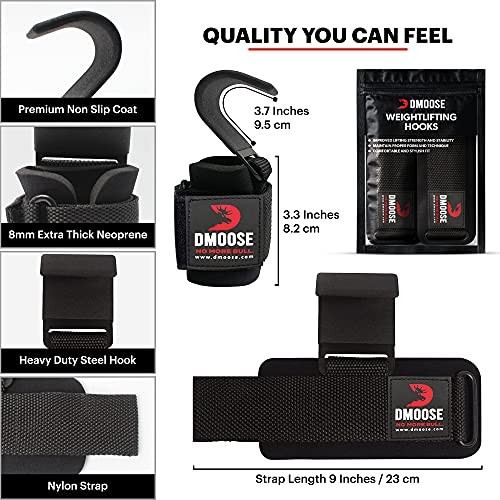 DMoose Weight Lifting Hooks (Pair), Hand Grip Support Wrist Black (Flat Hook)