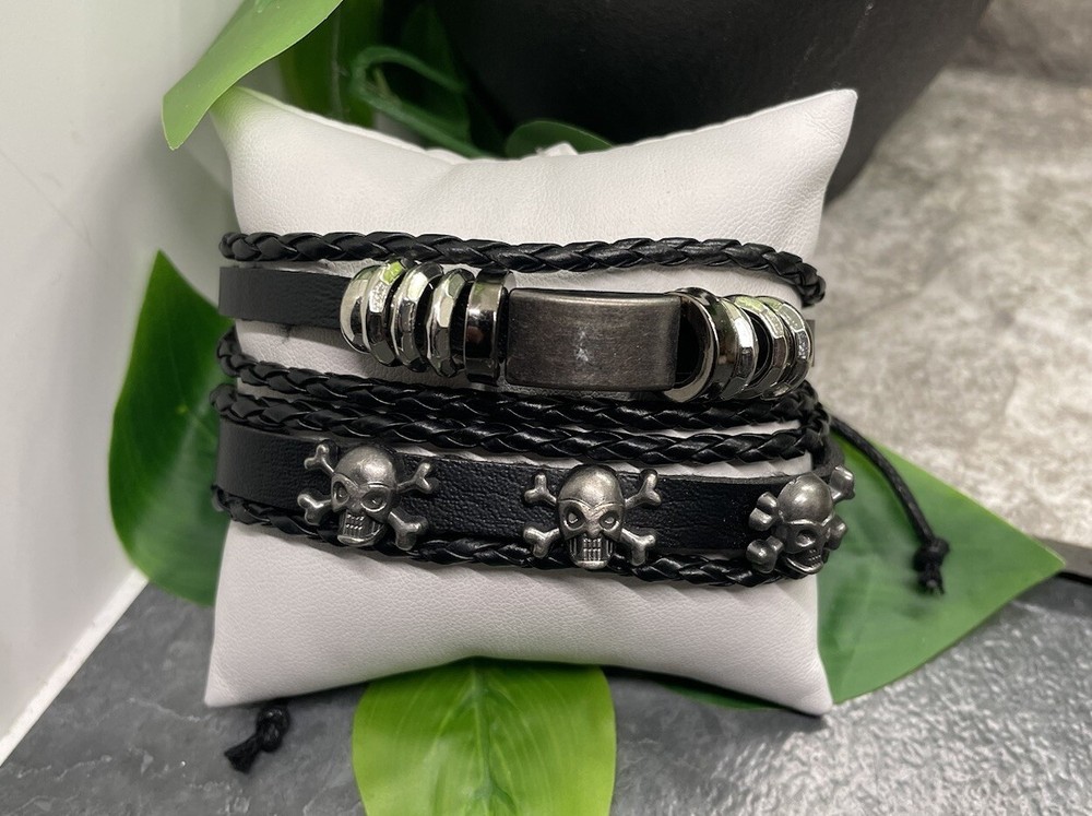 2 PC Leather Bracelet  Stackable Adjustable Tie Free Ship Skull B3277