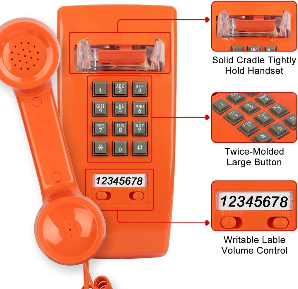 Classic Orange Wall Phone, Loud Mechanical Ring=