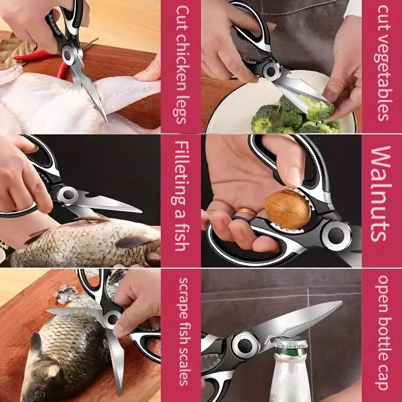 Multi-Use Kitchen Scissors, Stainless Steel, Cuts Chicken Bones/Fish, Durable