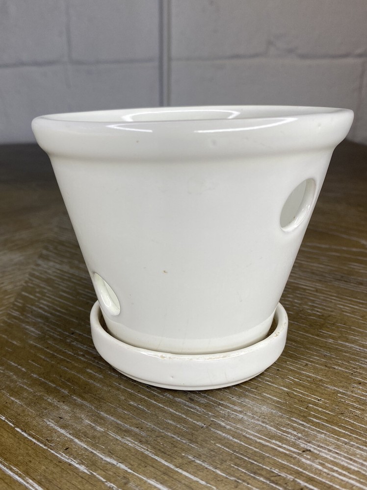 NORCAL WHITE CERAMIC ORCHID POT Planter Openings Drip Tray One Piece