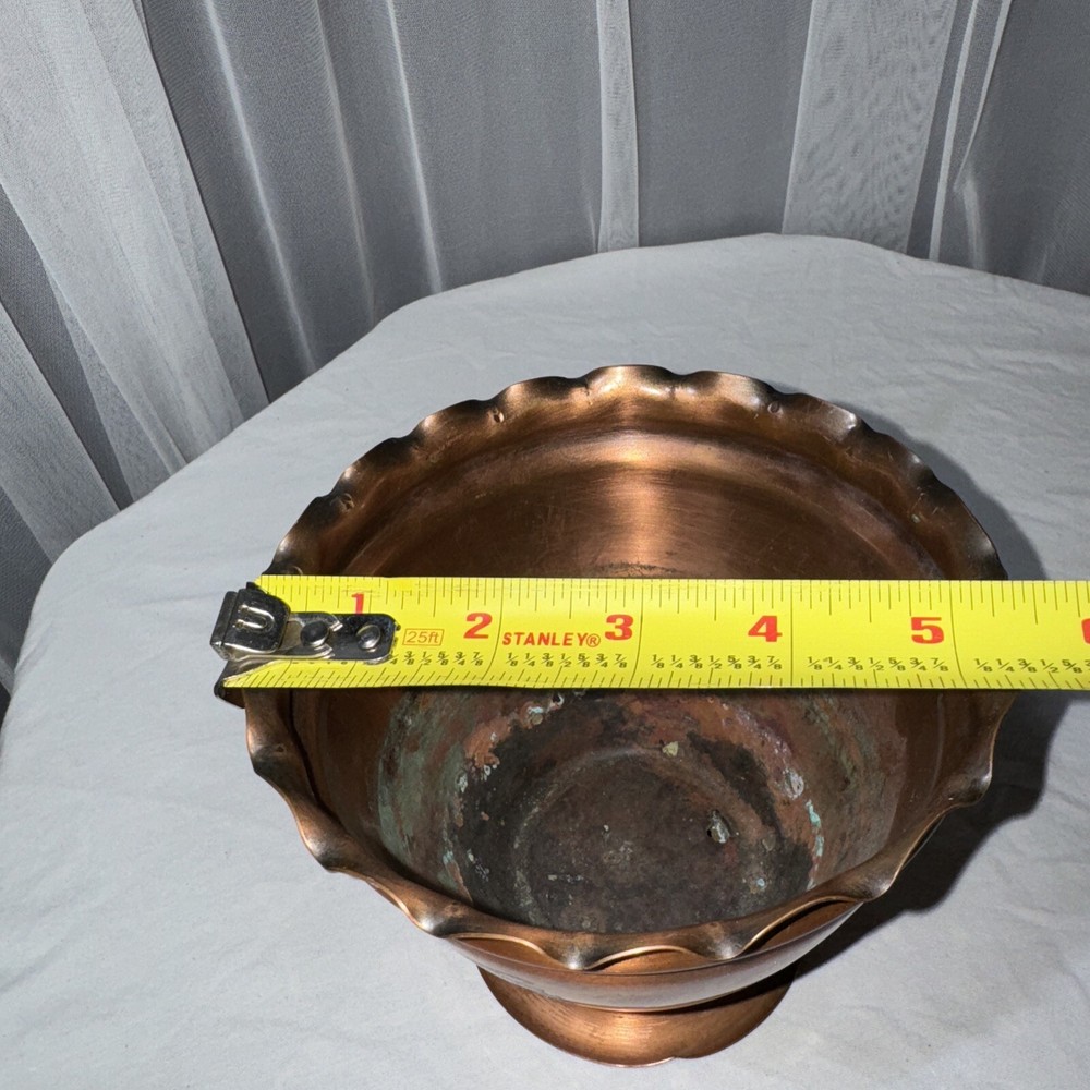 Solid Copper Pot Planter Vase Double Handle Scalloped Made In USA Hand Hammered