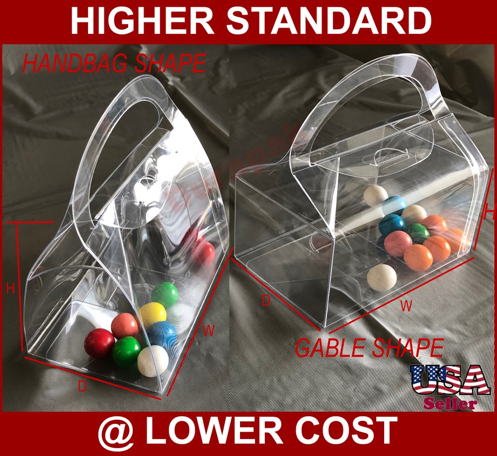 Clear PET Gable or Handbag Shaped Box with Arc Handle Food Safe Various Sizes