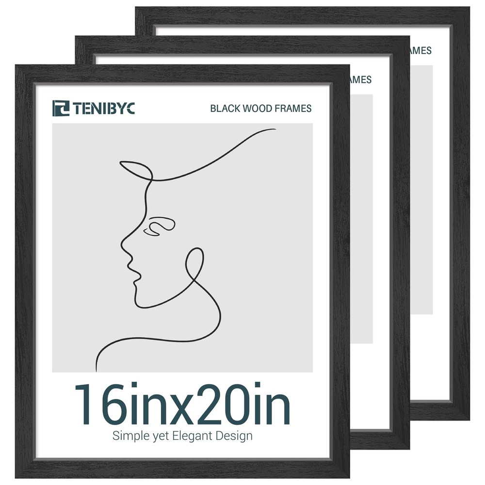 16x20 Picture Frames Set - 3 Pack - Black Solid Wood Poster Frame - Tempered ...