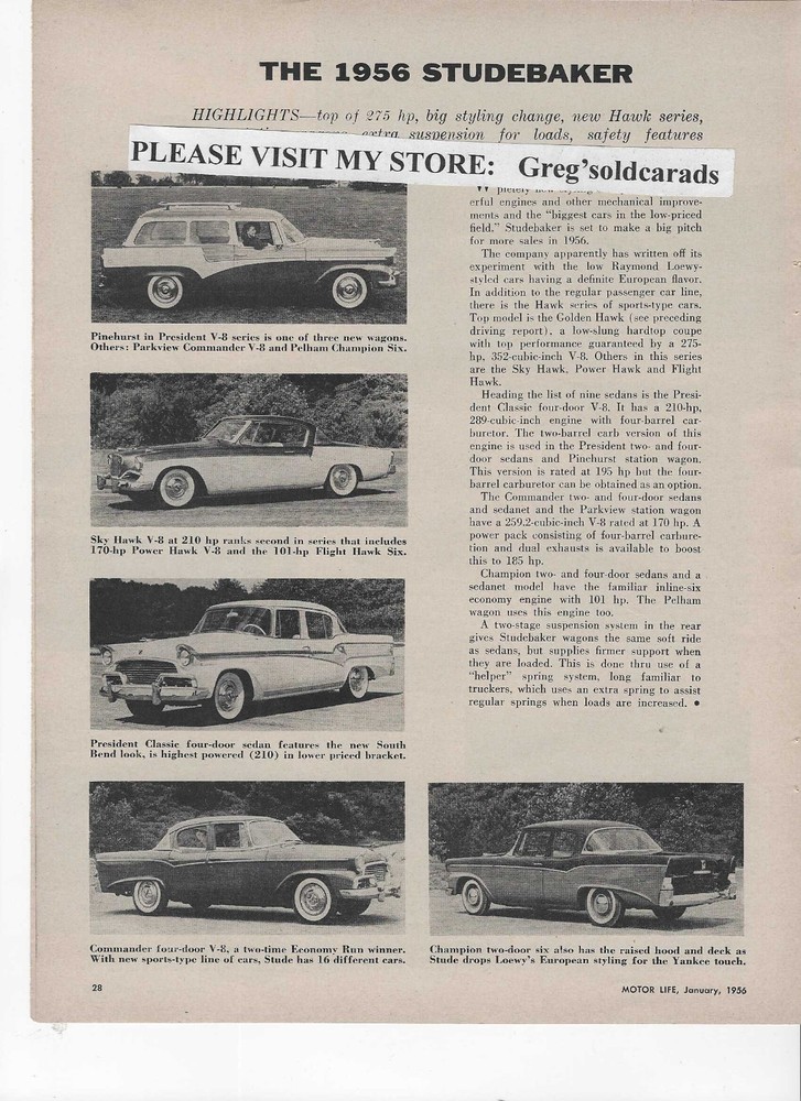1956 Studebaker Hawk two page road test and full line article (3 pages total)
