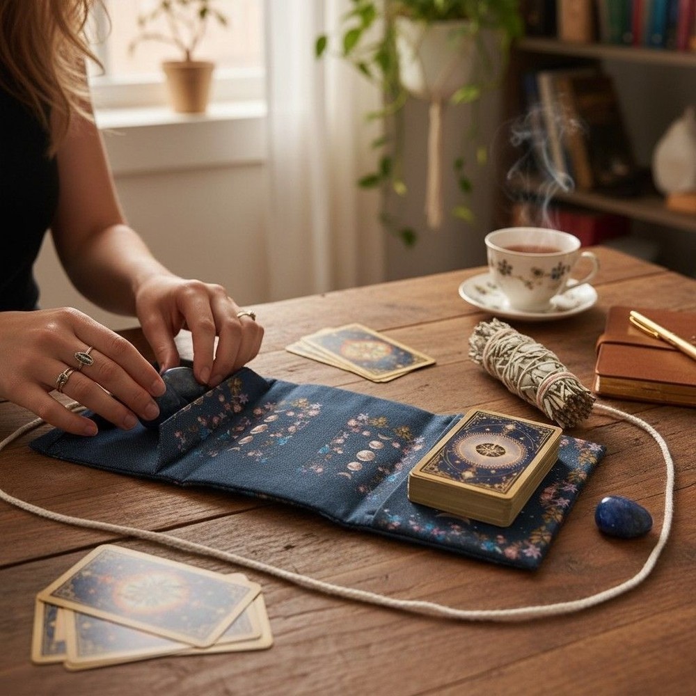 Moon Phase & Floral Tarot Card Holder With String Wrap