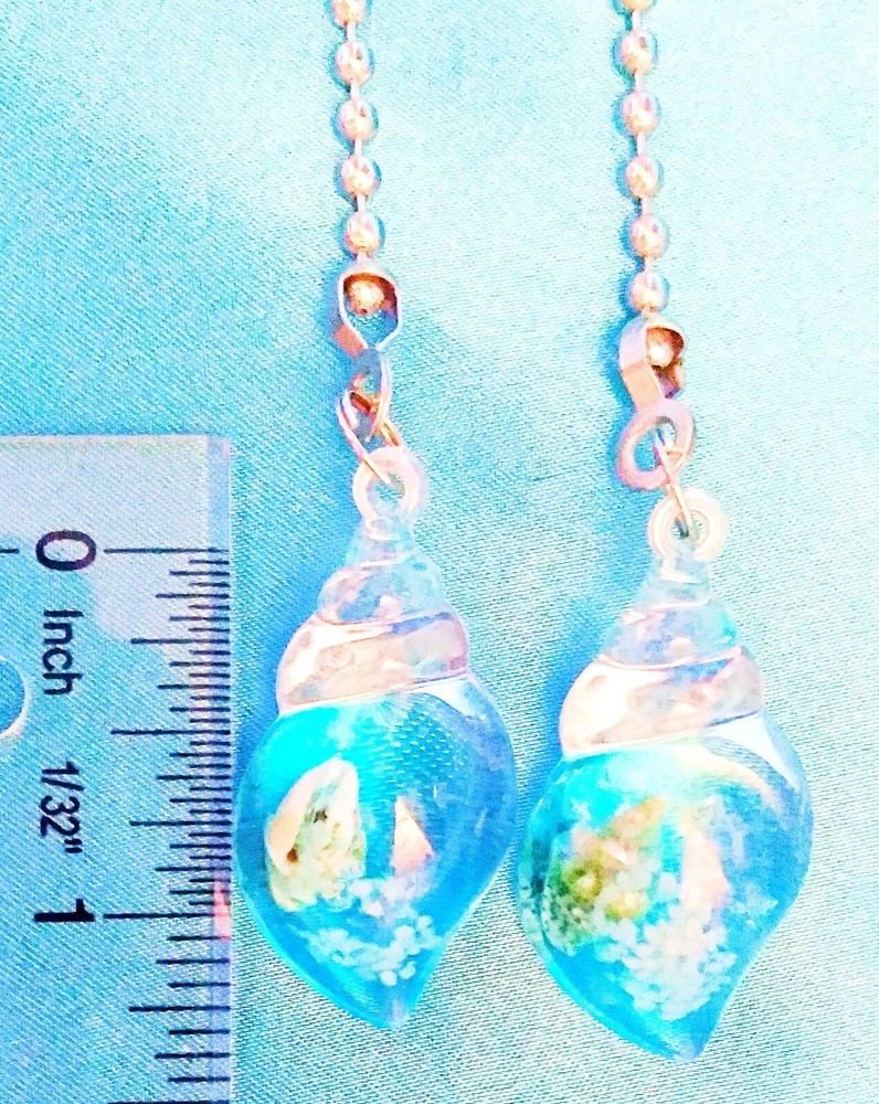 Set of Two ~ LIGHT BLUE SEASHELLS Clear Acrylic ~ Ceiling Fan Pulls