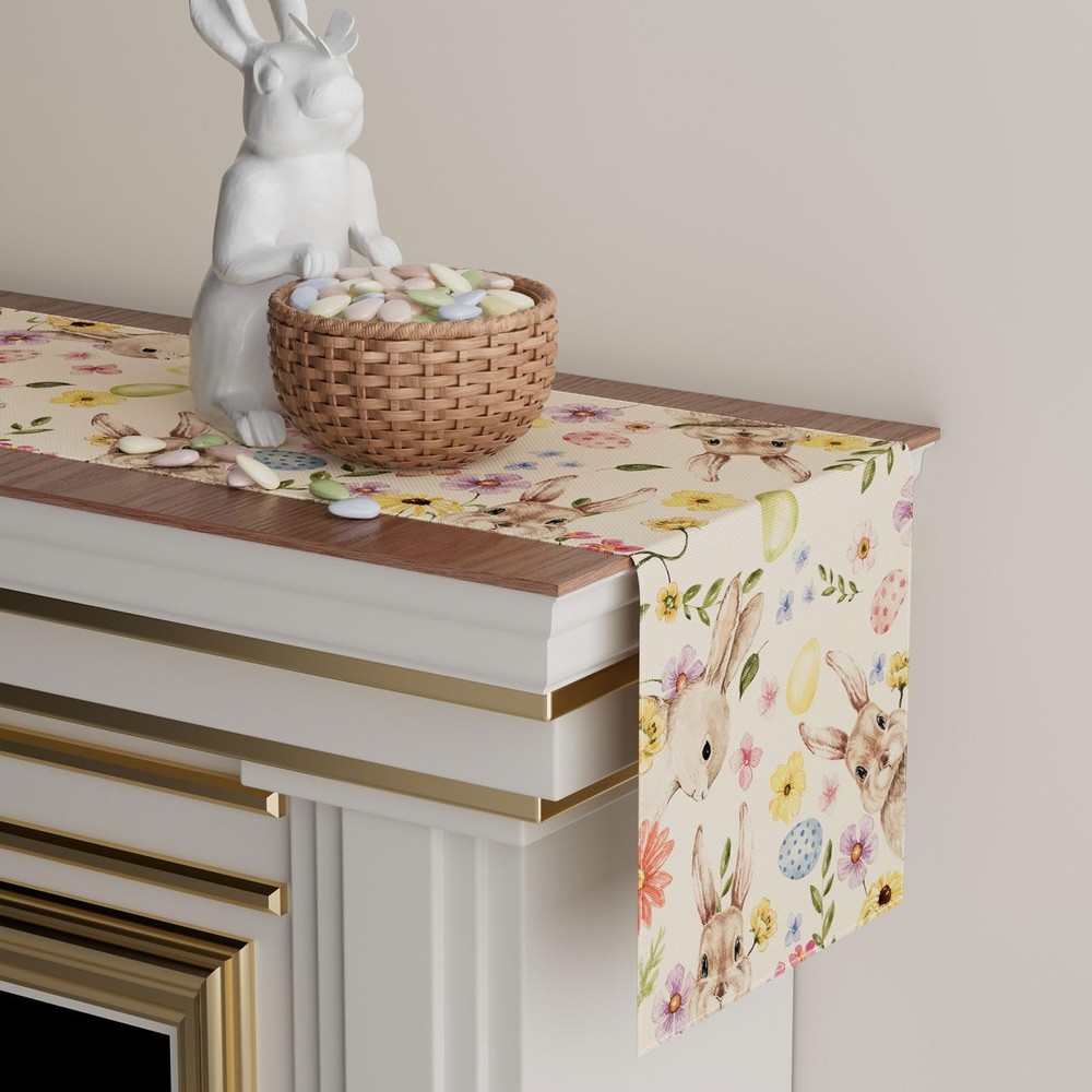 Watercolor Cute Bunny Eggs Rabbits Flowers Easter Table Runner Table Decorati...