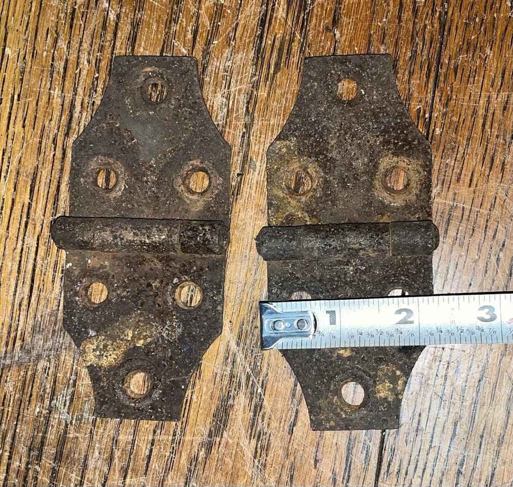 2 Matching Antique Metal Hinges Rusty Unique