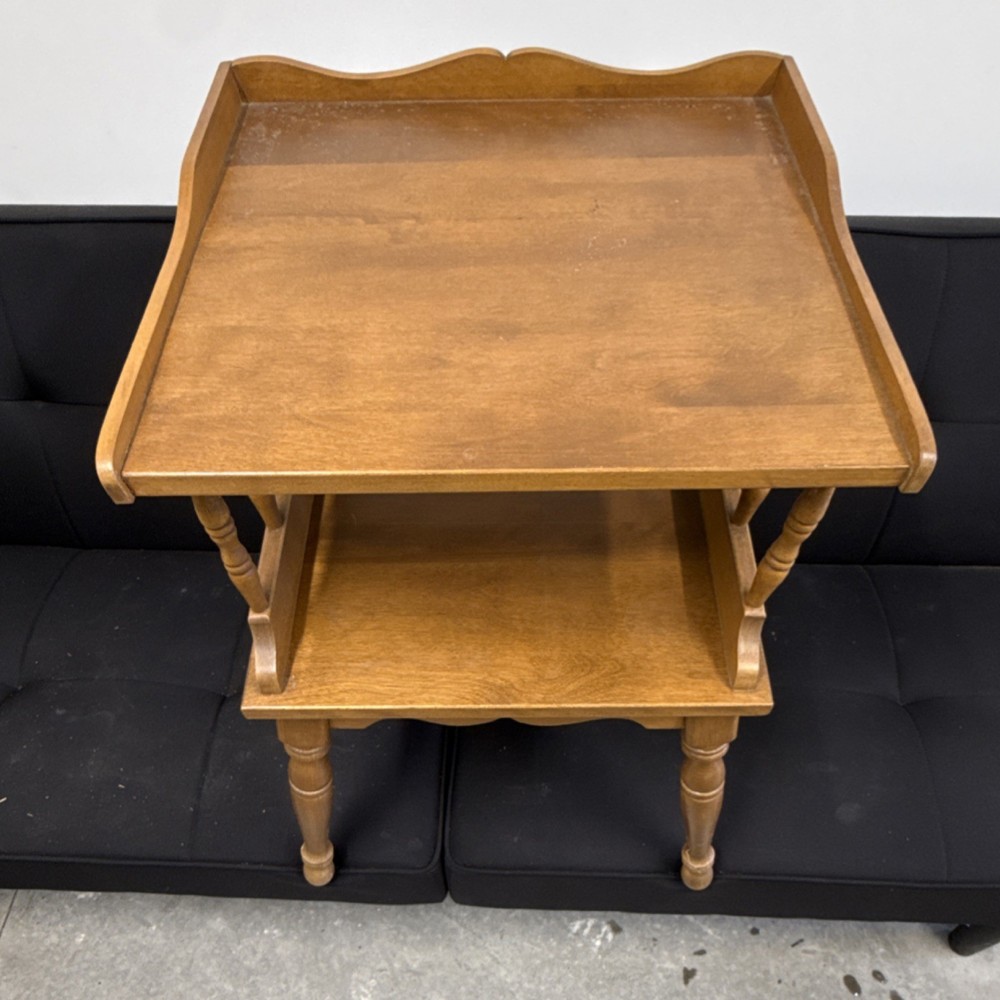 Antique Wooden Two-Tier Rectangle Side Table with Spindle Legs & Shelf, Brown