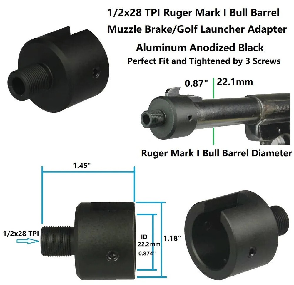Ruger .22 Mark I,II, III，1/2x28 Thread Muzzle Adapter+Thread Protector,Bull