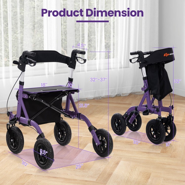 6 Level Adjustable Portable Foldable Senior Rollator Walker w/ Comfortable Seat