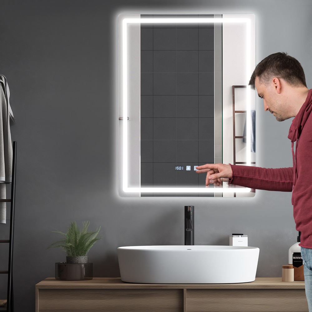 Dimmable Anti-Fog LED Bathroom Mirror with Clock and Temperature Display