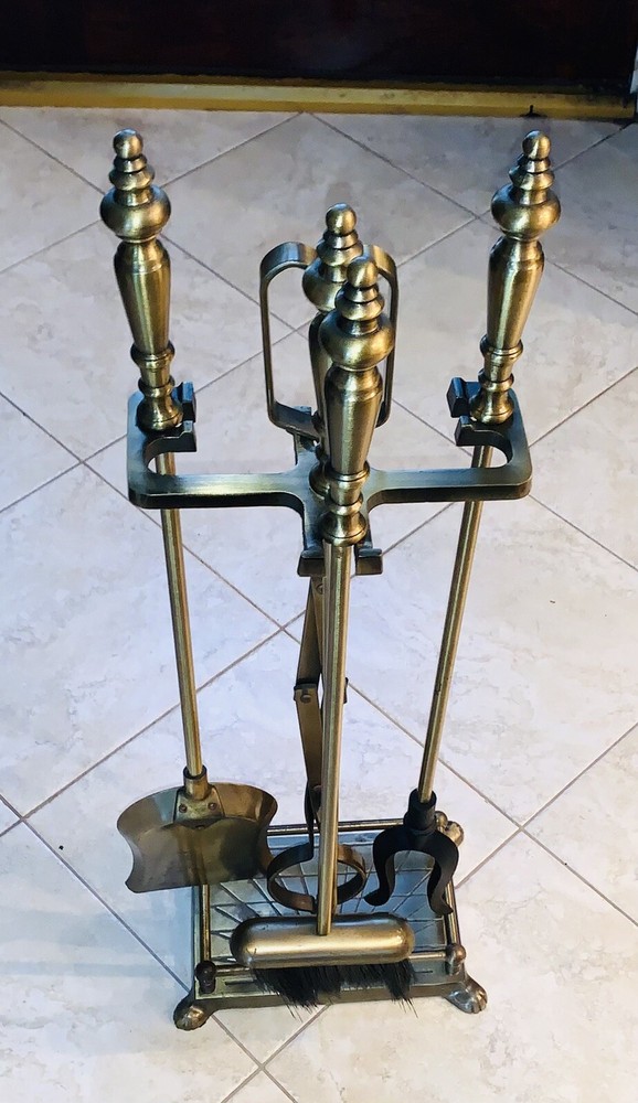 Beautiful Vintage Antique Brass Finish Fireplace Tool Set