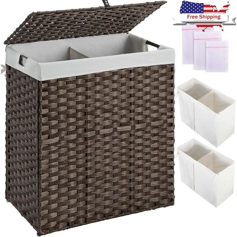 Foldable Laundry Hamper W/ Lid 2 Removable Liners Waterproof Rattan Basket New