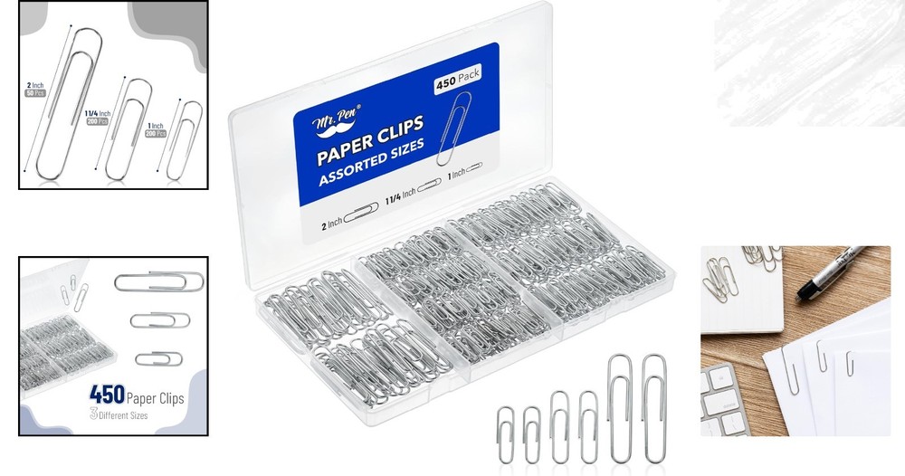 450 Silver Paper Clips - Zinc Galvanized, Assorted Sizes for Office & DIY