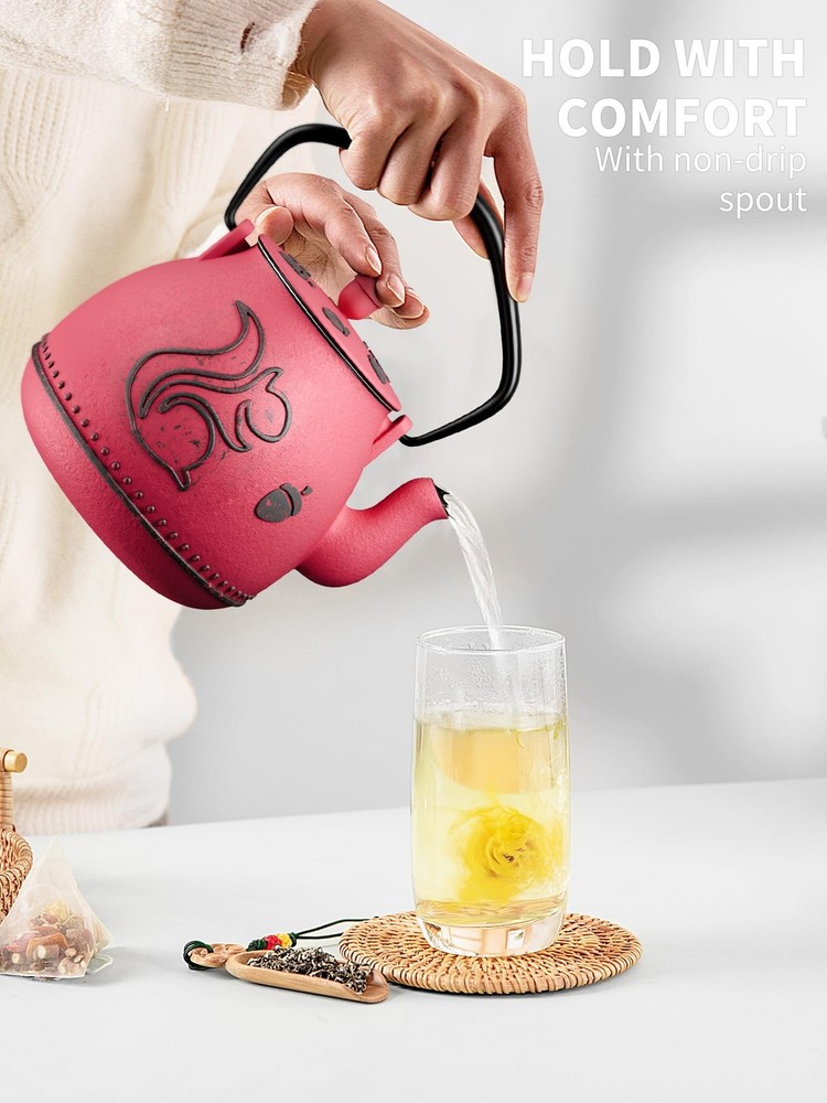 Cast Iron Tea Kettle with Removable Infuser 32 Ounce Squirrel Design Red