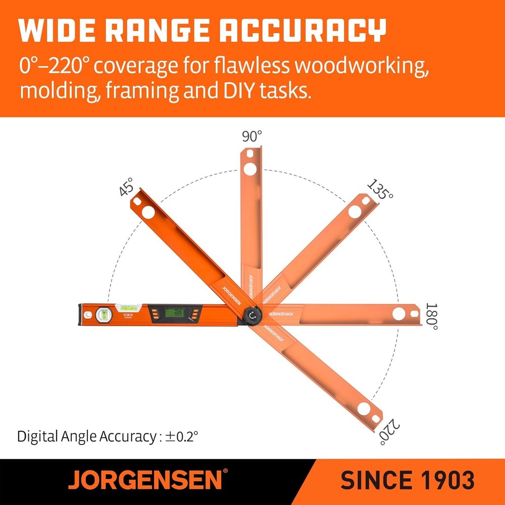 JORGENSEN Digital Multi Angle Finder Digital Level w/Backlit LCD Protractor Tool