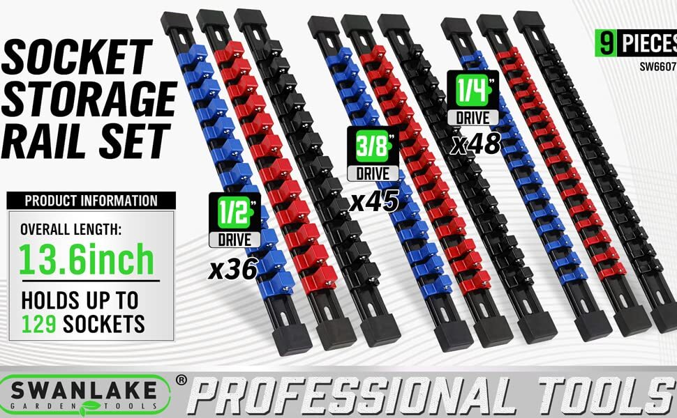 9PC Socket Organizer Storage Rail Rack Holder Mountable 1/4 3/8 1/2 Industrial