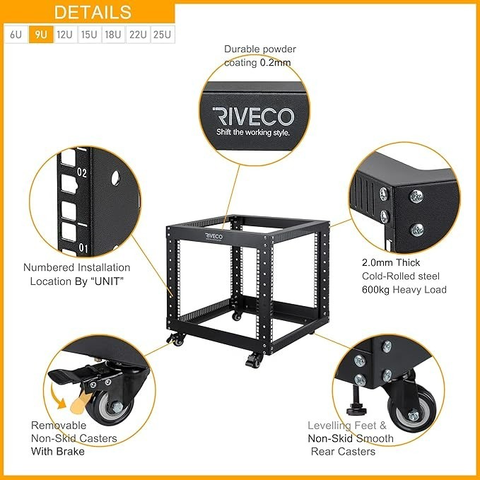 RIVECO 9U Open Frame Server Rack with Casters#1983HK1