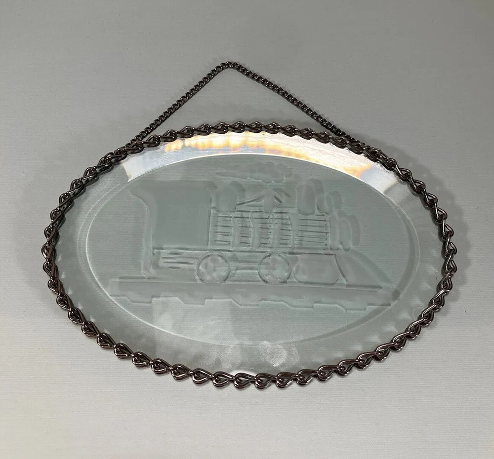 Clear Beveled Etched Glass Suncatcher Train Engine Chain Frame Window Art Oval
