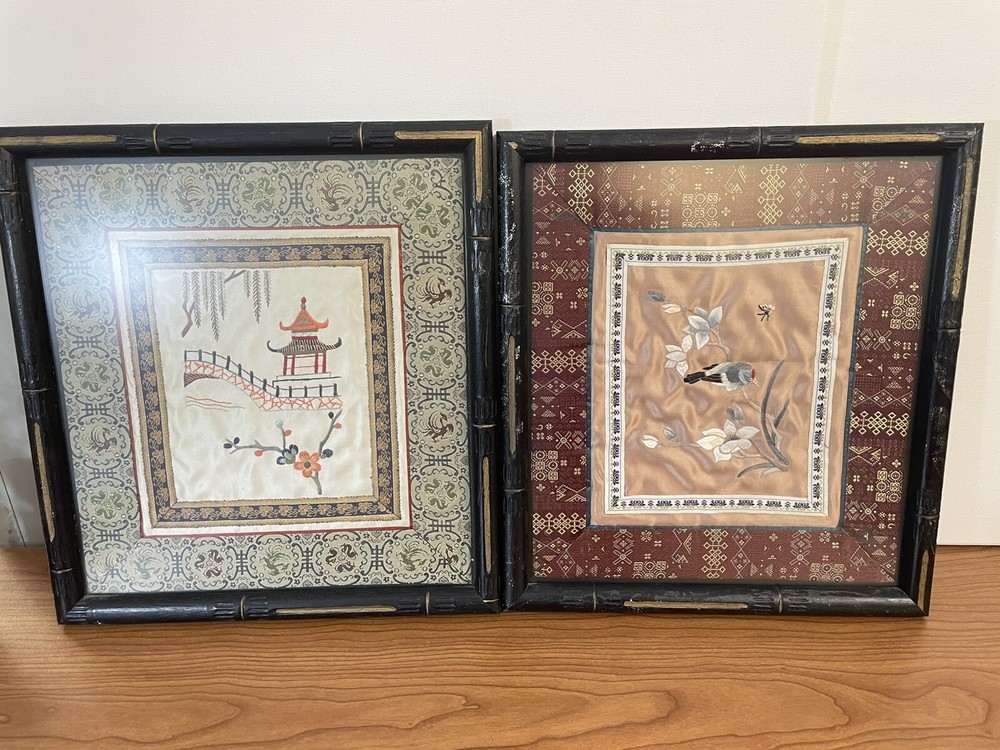 Vintage Framed Chinese Embroidered Fabric A PAIR