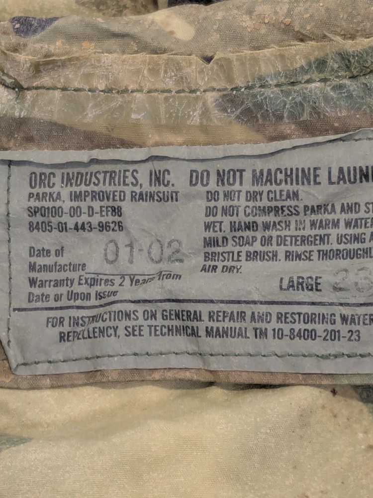 ORC INDUSTRIES, INC. PARKA, RAINSUIT OUTER JACKET LARGE