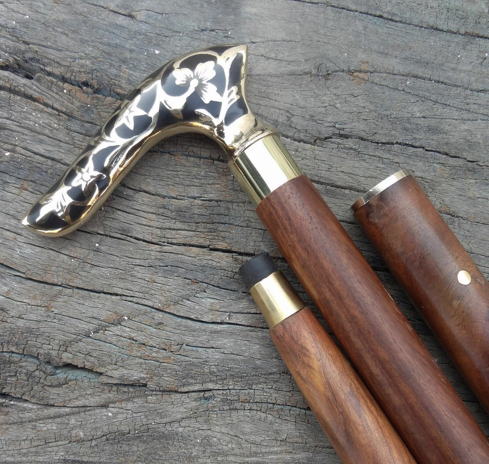 Solid Brass Derby Leaf Designer Head Handle Brown Shaft Wooden Walking Stick New