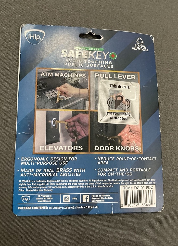 iHip SafeKey Protection Anti-Microbial Avoid Touching Germ Surfaces Key Ring