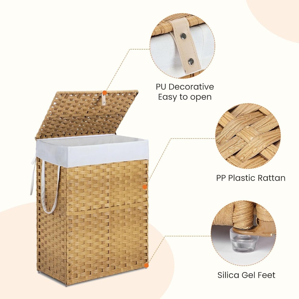 Woven Laundry Basket W/ Lid 90L Large Capacity Hamper Removable &