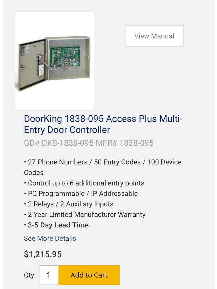 Doorking 1838-095 Access Plus Multi-Entry Door Controller