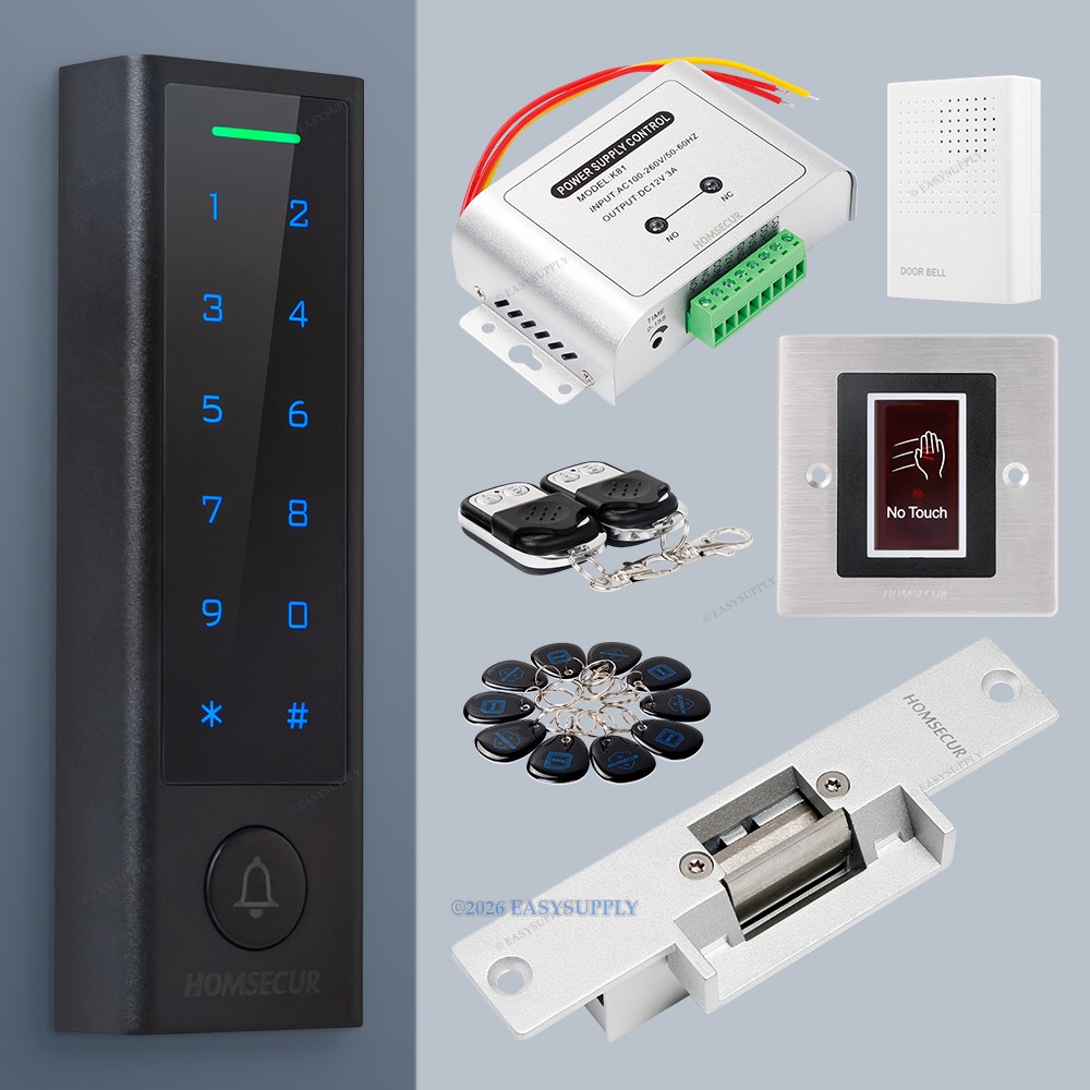 HOMSECUR Access Control System Kit With Power Doorbell Exit Button Strike Lock