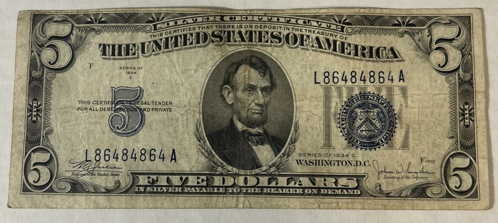 1934 C $5 Five Dollar Silver Certificate ~ Circulated