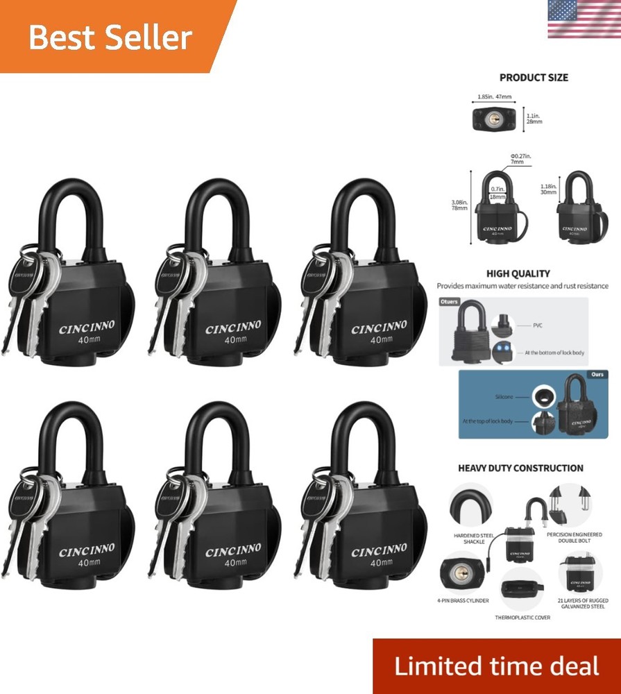 Weatherproof Padlocks - 6 Pack Keyed Alike Heavy Duty Security