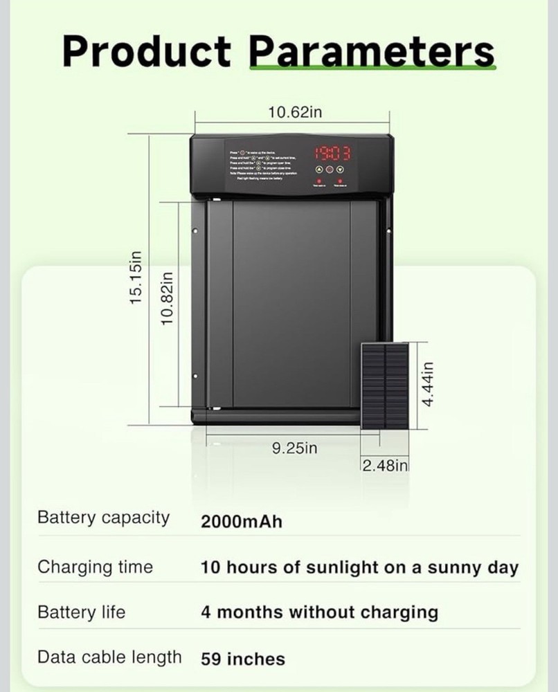 Solar Automatic Chicken Coop Door Opener with Timer Light Sensor Remote Control